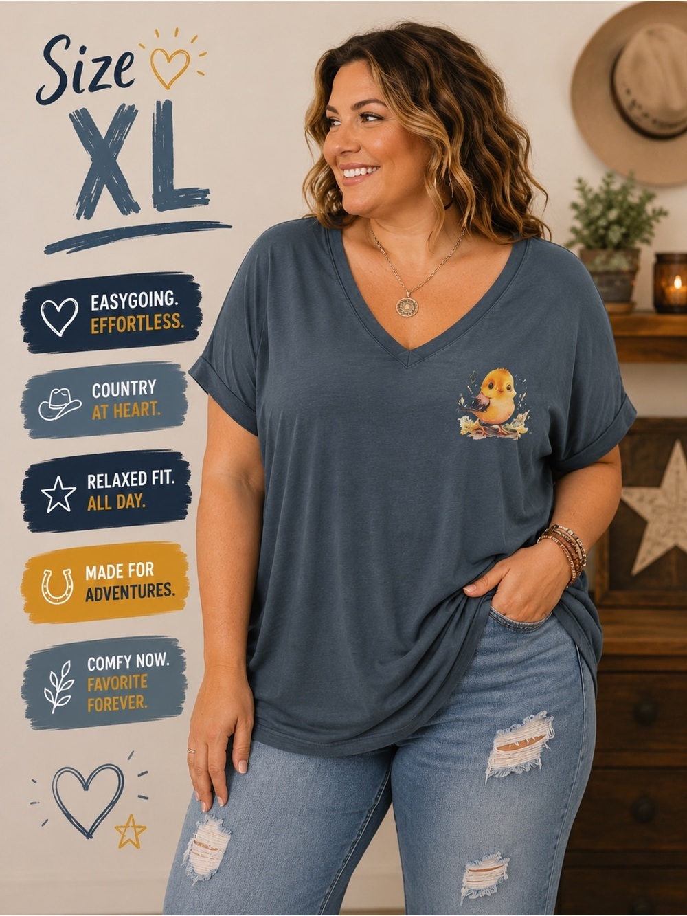 a new day Slate Gray V-Neck Tee with Duck Pocket Graphic XL